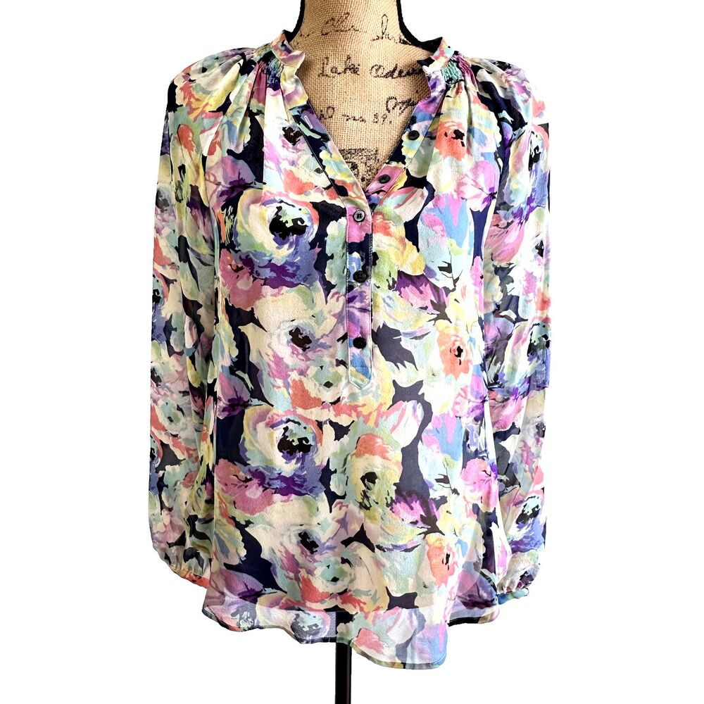 Yumi Kim Women's Floral Silk Blouse Sz S Neon Pastel V-Neck Top High Low Back